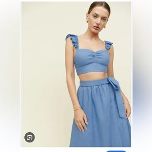 Reformation Pam linen set in French blue.